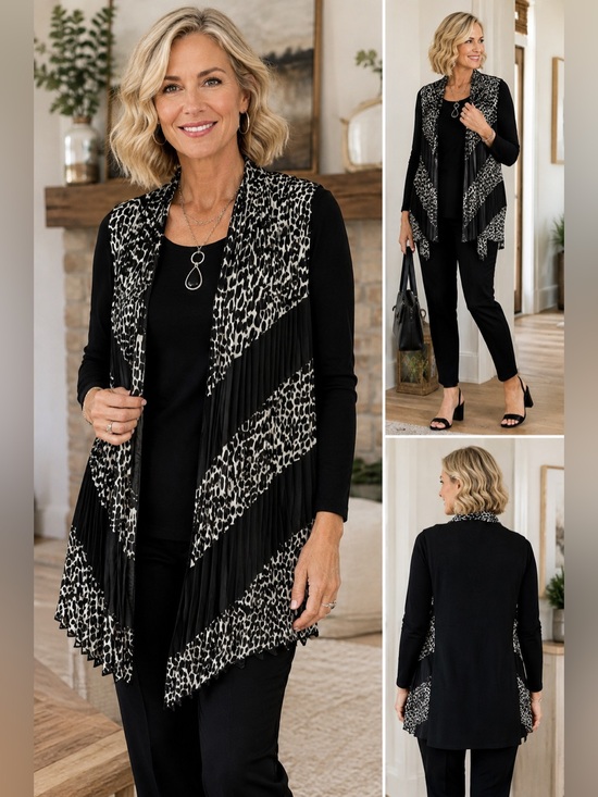 Chico's Jackets & Blazers - Chico’s 0 Travelers Black White Leopard Scissor Pleated Layer Vest 4 6 stretch S
